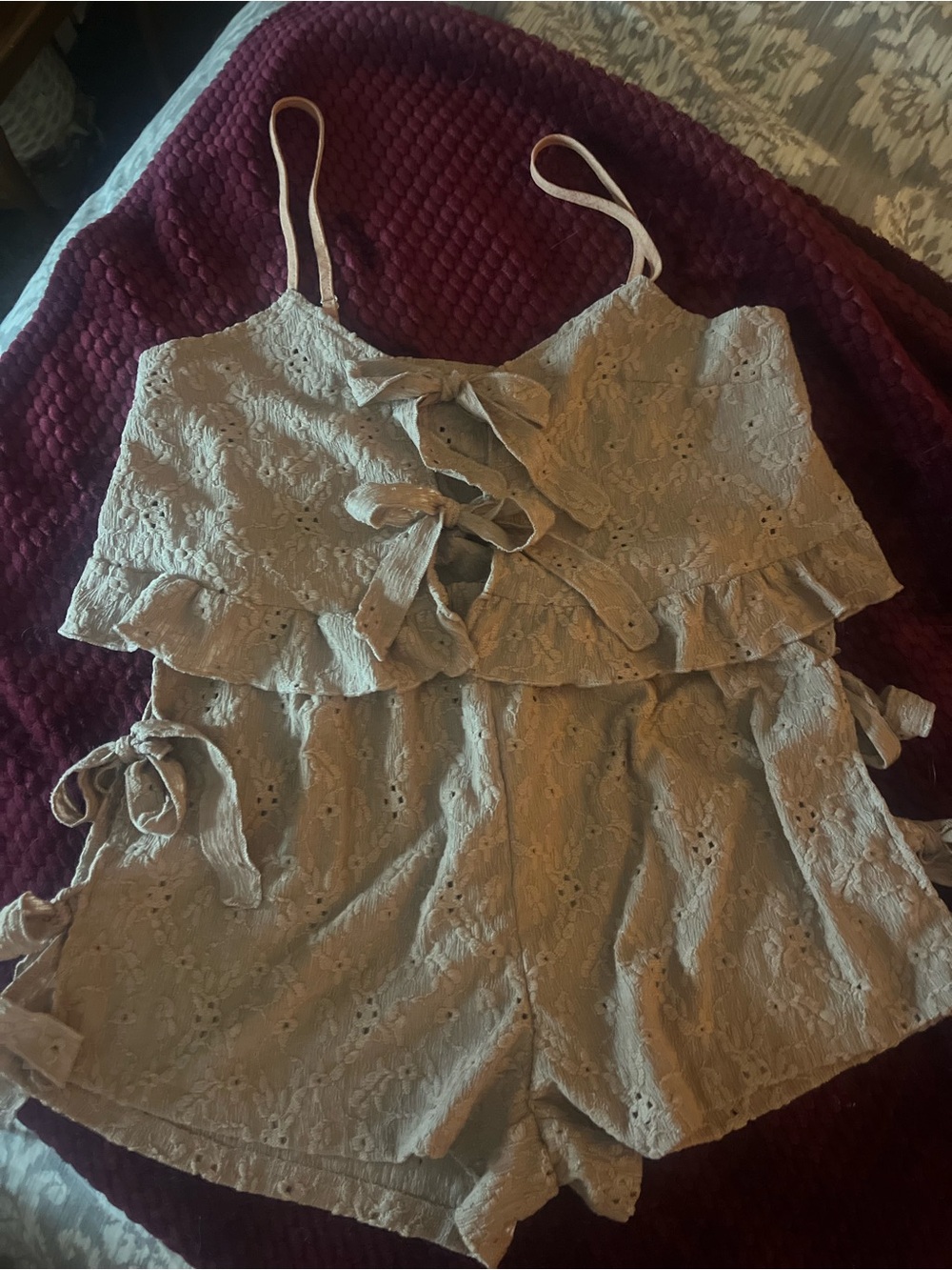 SHEIN Eyelet Ruffle Tie-Front Cami Romper in Light Beige/Brown
